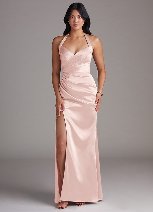 Azazie Emeria Bridesmaid Dresses Blushing Pink Sheath Side Slit Metallic Satin Dress image1