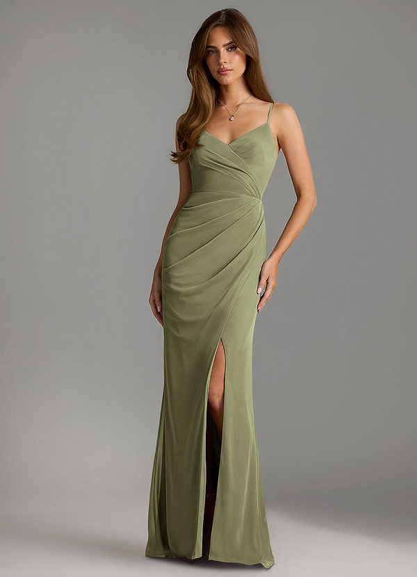 Azazie Maci Bridesmaid Dresses Pistachio Sheath Pleated Mesh Dress image1