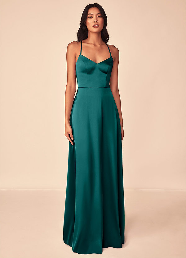 Azazie Mei Bridesmaid Dresses Peacock A-Line V-Neck Stretch Satin Dress image1