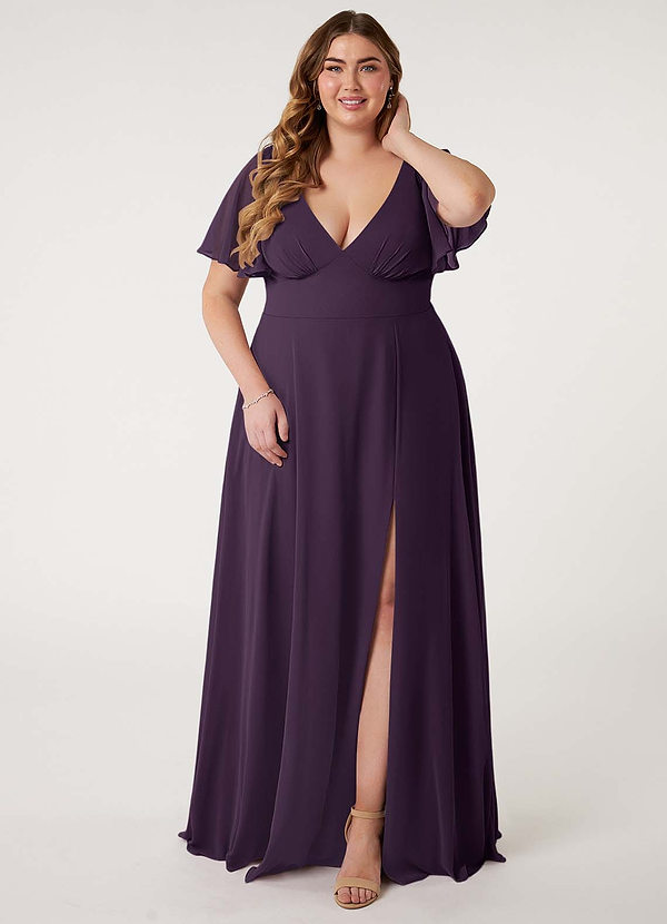 Azazie Kimber Bridesmaid Dresses Plum A-Line Flounce Sleeve Chiffon Dress image1