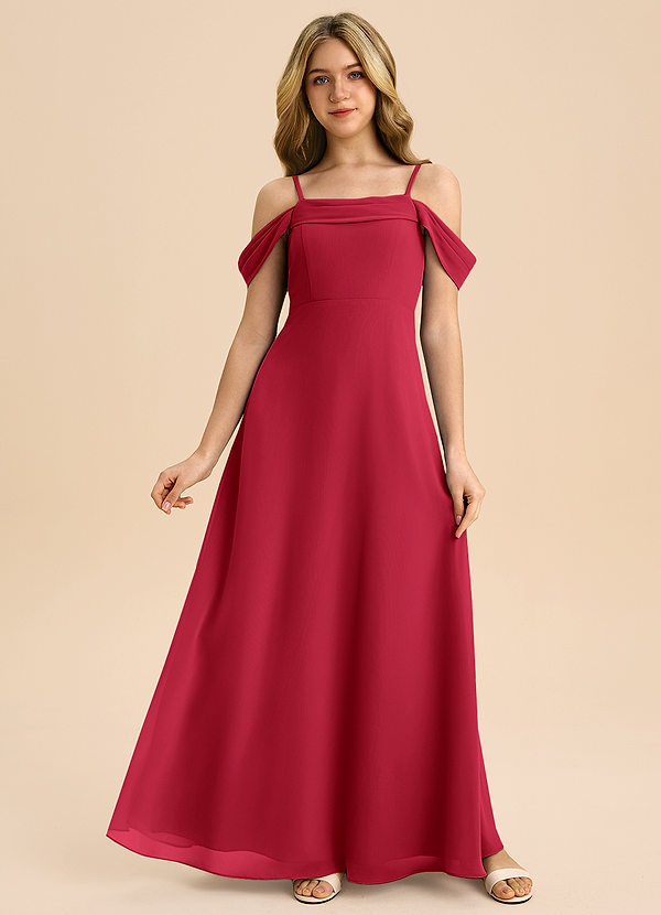 Azazie Anselie Junior Scarlet A-Line Off the Shoulder Chiffon Dress image1