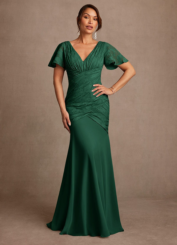 Azazie Jolene Mother of the Brides Dresses Dark Green Mermaid Pleated Floral Burnout Dress image1