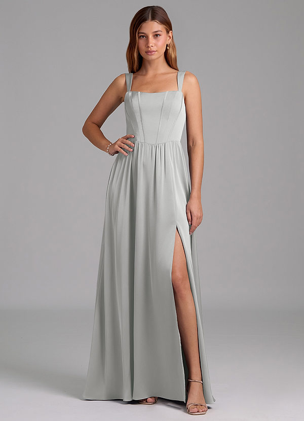 Azazie Rosaline 신부 들러리 드레스 A라인 사이드 슬릿 스트레치 새틴 바닥 길이 드레스 image1