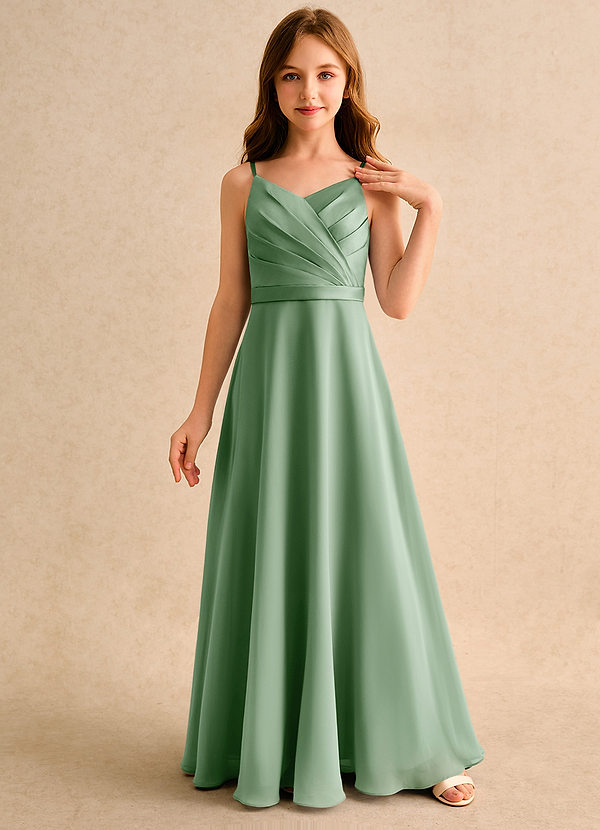 Azazie Umina Girls Formal Bloemenmeisjes Jurken A-Lijn Jurk van Mat Satijn Geplooid Matcha image1