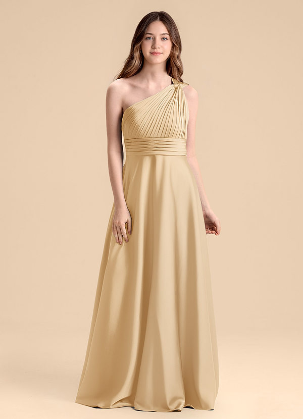 Azazie Charlize Junior Gold A-Line Pleated Stretch Satin Dress image1