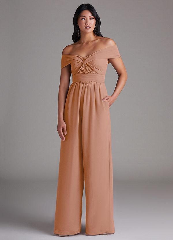 Azazie Lamara Robes Demoiselle d'honneur Combinaison Convertible en Mousseline de soie Épaule décolletée Champagne Rosé image1