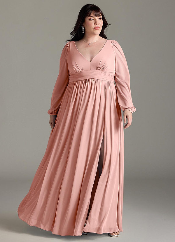 Azazie Norah Robes Demoiselle d'honneur Robe Trapèze en Mousseline de soie Col en V, manches longues Rosette image1