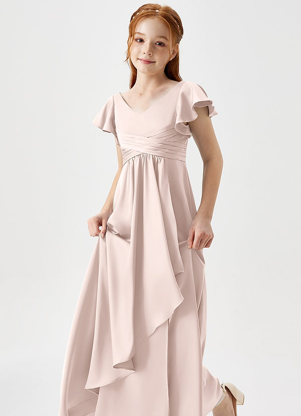 Azazie Omari Junior Blushing Pink A-Line Pleated Stretch Satin Dress image1