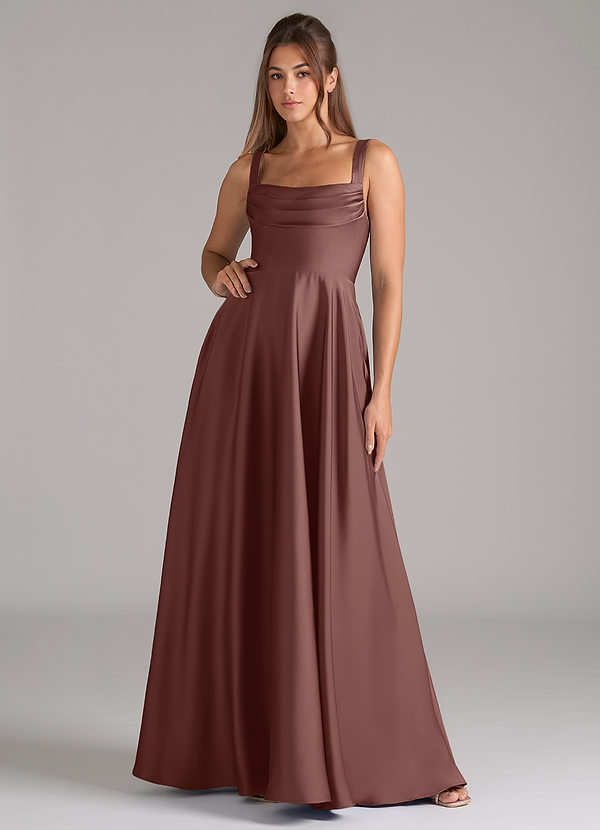 Azazie Shaude Bridesmaid Dresses Espresso A-Line Pleated Stretch Satin Dress image1