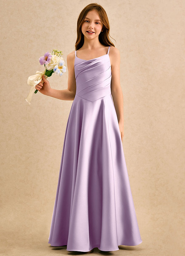 Azazie Coconut Girls Formal Blumenkinder Kleider A-Linie Plissee Stretch-Satin Kleid Frostiges Flieder image1