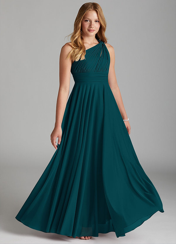 Azazie Charlize Junior Pine A-Line Mesh Dress image1