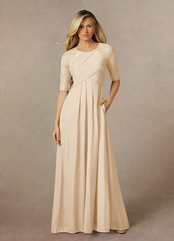 Azazie Raelyn Robe Mère de la Mariée & du Marié Robe Trapèze en Maille Dentelle Champagne image1