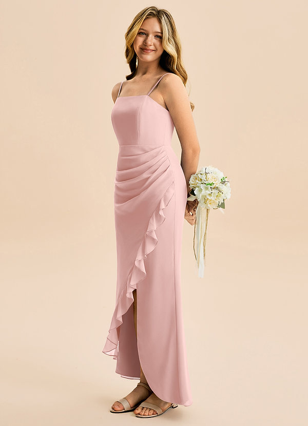 Azazie Buzzy Junior Robe Fourreau en Mousseline de soie Plissée Rose Poudré image1