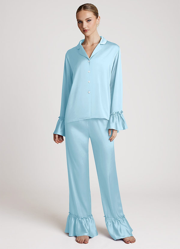 front Himmelsblå Lätt pyjamasset i satin med volanger