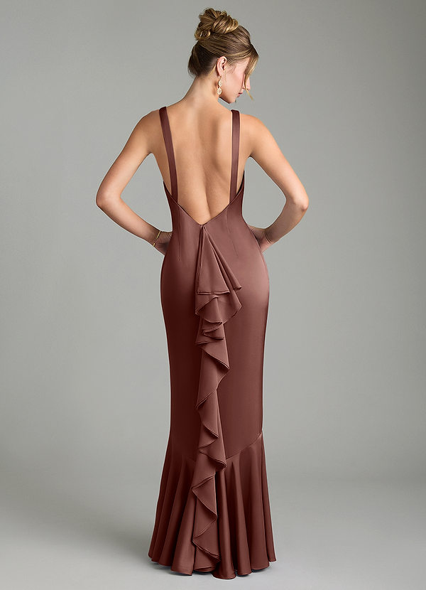 Azazie Tamera Bridesmaid Dresses Espresso Mermaid Pleated Stretch Satin Dress image1