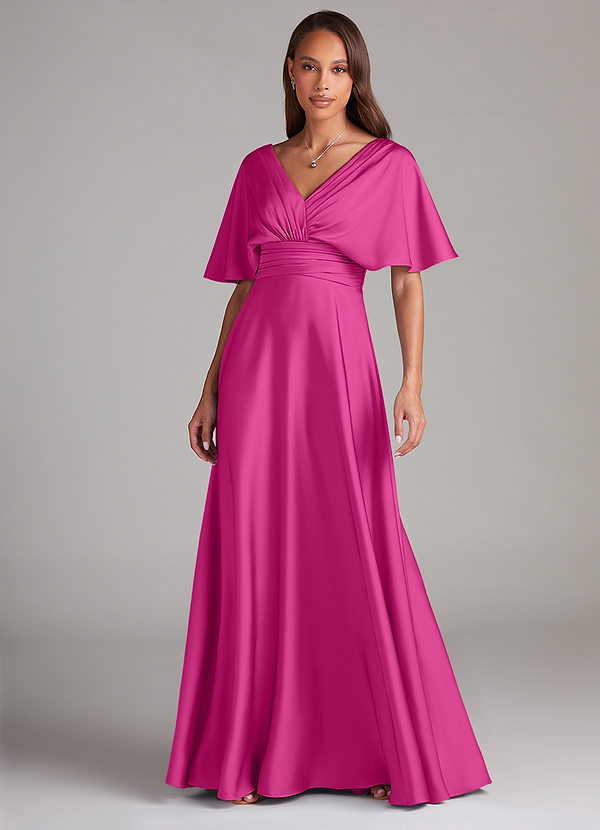 Azazie Pamela Robes Demoiselle d'honneur Robe Trapèze en Satin extensible Plissée Fuchsia image1