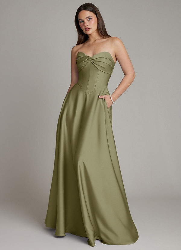 Azazie Meleena Brudtärneklänningar Klä av A-Linje i Stretch Satin Axelbandslös Pistasch image1