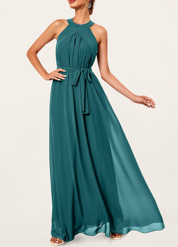 front Paris Teal Green Halter Neck Maxi Dress