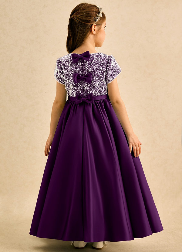 Azazie Cashew Flower Girl Dresses Grape Ball-Gown with Sleeves Matte Satin Dress image1