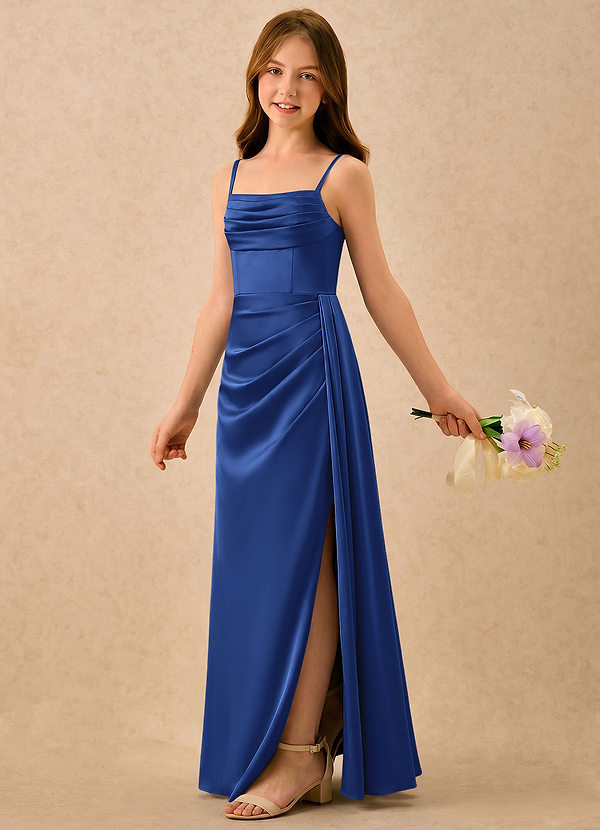 Azazie Shyla Girls Formal Flower Girl Dresses Royal Blue Sheath Pleated Stretch Satin Dress image1