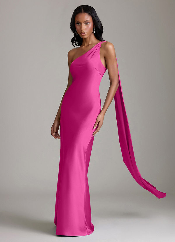 Azazie Galinda Brudtärneklänningar Klä av Sjöjungfru i Stretch Satin Ena axeln Fuchsia image1