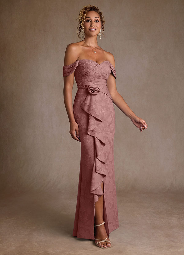 Azazie Irene Mother of the Brides Dresses Dusty Rose A-Line Off the Shoulder Floral Burnout Dress image1