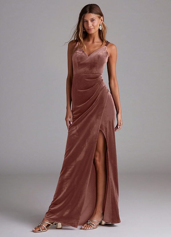 Azazie Leo Bridesmaid Dresses Rustic Rose Sheath Pleated Velvet Dress image1