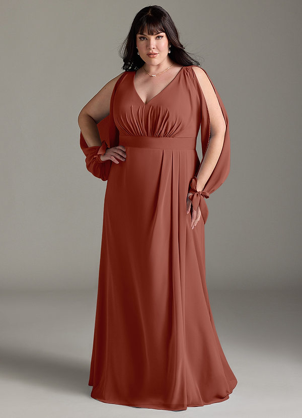 Azazie Matilda Brautjungfernkleider A-Linie Langarm Chiffon Kleid Rotbraun image1