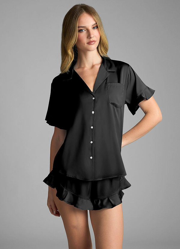 front Black Ruffled Short Sleeve Pajama Set