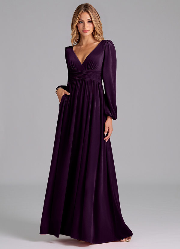 Azazie Norah Robes Demoiselle d'honneur Robe Trapèze en velours Manche longue Grain De Raisin image1