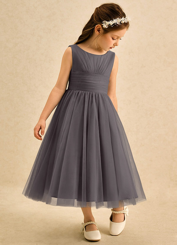 Azazie Macaron Abiti da Ragazza di Fiori Abito A-Line in Tulle Plissettato Grigio Acciaio image1