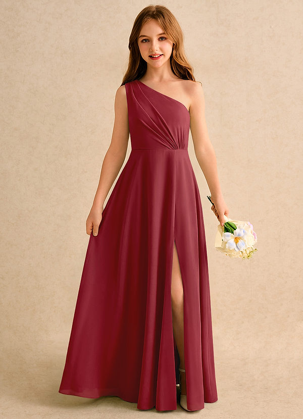 Azazie Puddles Girls Formal Robes de Fillette d'Honneur Robe Trapèze en Mousseline de soie Une épaule Grenade image1