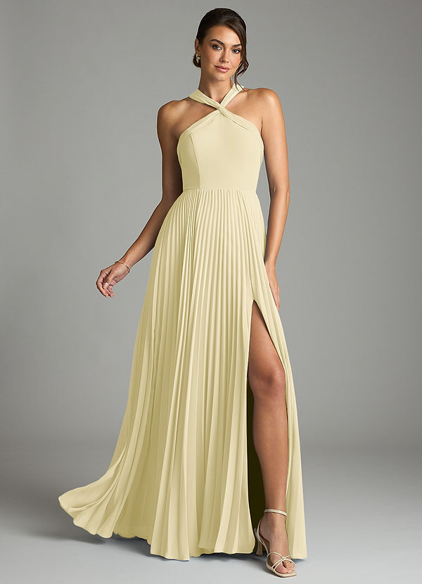 Azazie Afra Bridesmaid Dresses Lemon Sorbet A-Line Pleated Chiffon Dress image1