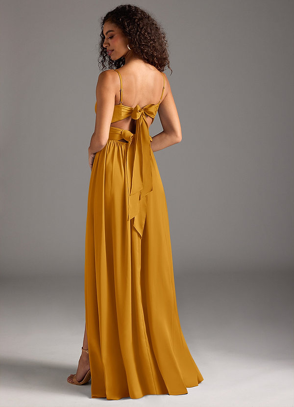 Azazie Zeya Bridesmaid Dresses Butterscotch A-Line Pleated Stretch Satin Dress image1