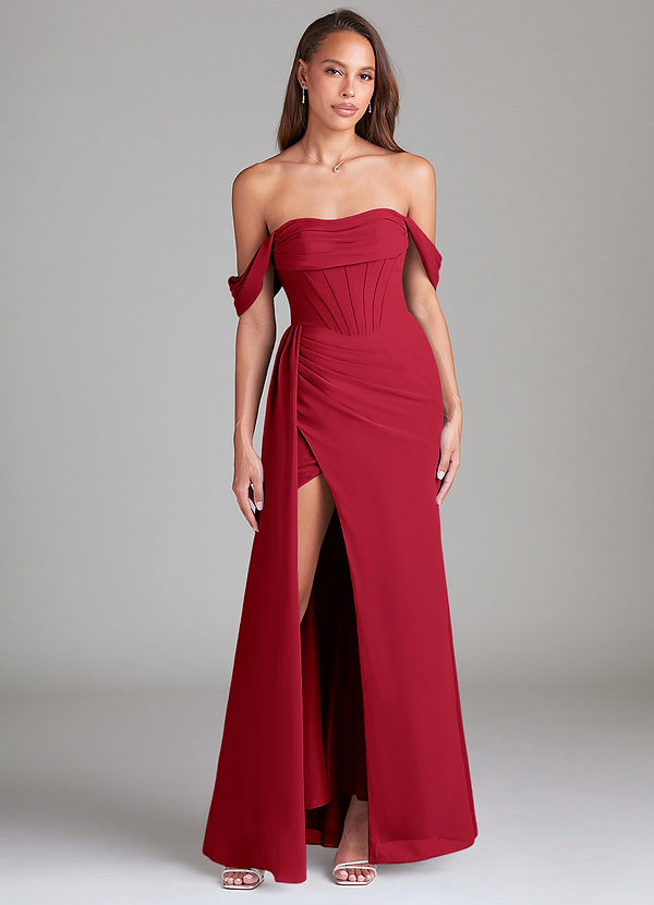 Azazie Amyra Bridesmaid Dresses Scarlet Sheath Off the Shoulder Chiffon Convertible Dress image1