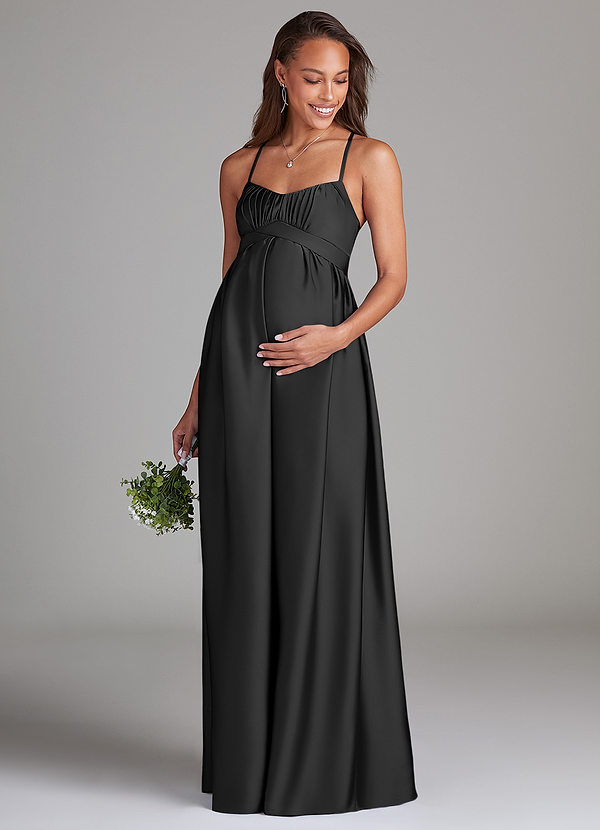 Azazie Llana Maternity Bridesmaid Dresses A-Line Stretch Satin Floor-Length Dress with Pockets image1