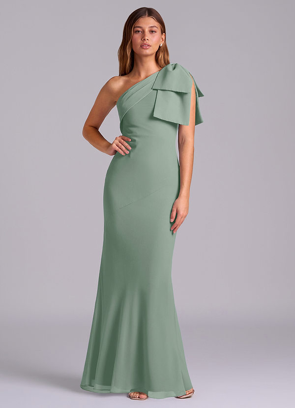 Azazie Yuanna Bridesmaid Dresses Silver Sage Mermaid One Shoulder Chiffon Dress image1
