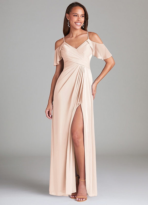 Azazie Dakota Bridesmaid Dresses Blushing Pink A-Line Off the Shoulder Mesh Dress image1