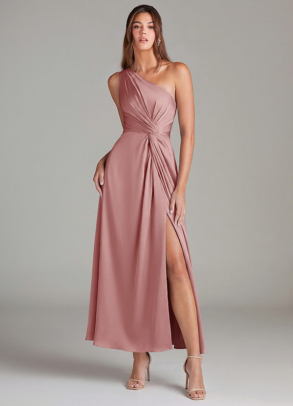 Azazie Brooke 신부 들러리 드레스 A라인 한쪽 어깨 스트레치 새틴 발목 길이 드레스 image1