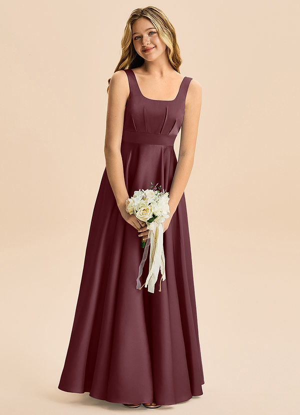 Azazie Gabby Junior Jurk van Stretch Satijn met A-Lijn Geplooid Sangria image1