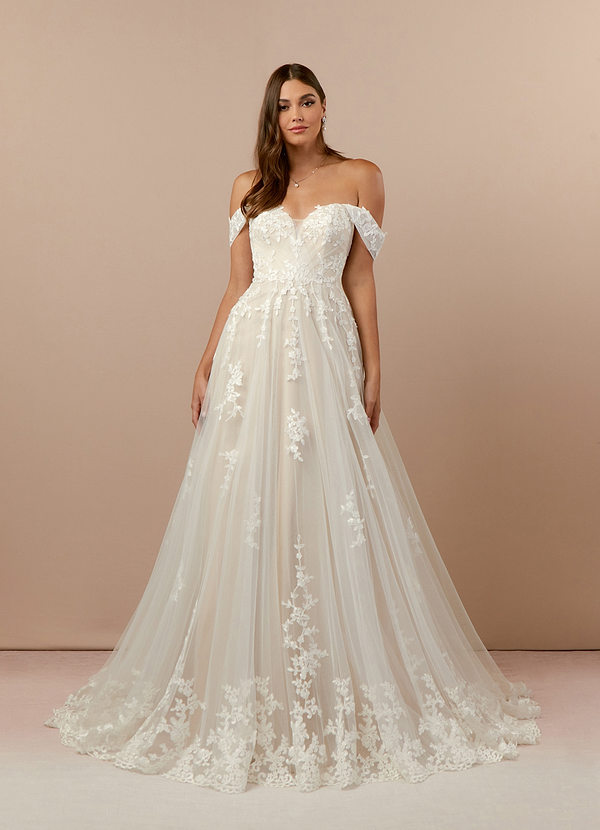 Azazie Botanica Wedding Dresses A-Line Lace Chapel Train Dress image1
