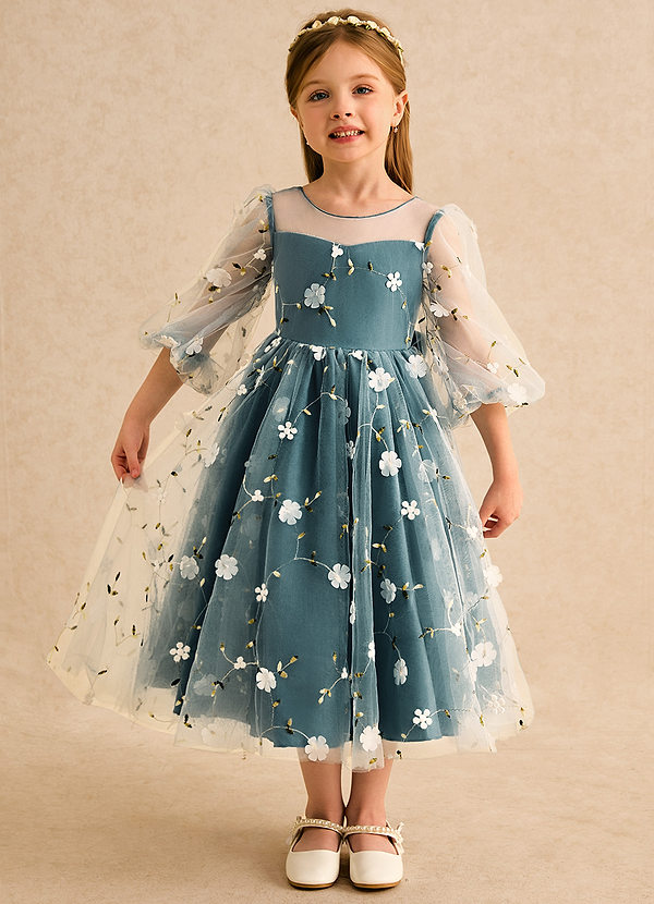 Azazie Elowen Robes de Fillette d'Honneur Robe Trapèze en Dentelle Encolure en Forme de Cœur Vert Pin image1