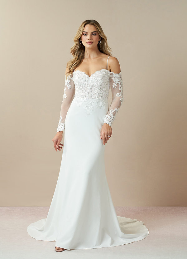 Azazie Danea Wedding Dresses Diamond White Mermaid Off the Shoulder Stretch Crepe Dress image1
