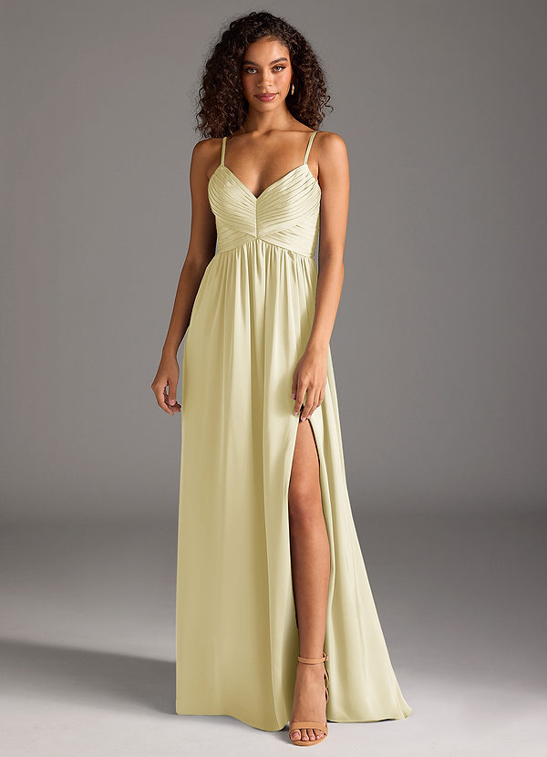 Azazie Alia Robes Demoiselle d'honneur Robe Trapèze en Satin extensible Plissée Sorbet Citron image1
