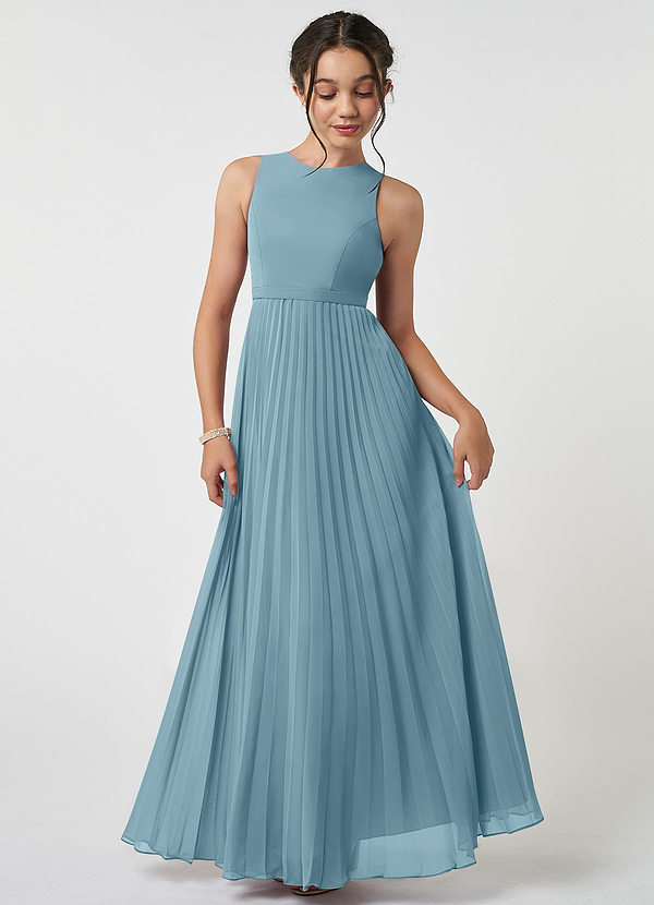 Azazie Lindie Junior A-Linie Plissee Chiffon Kleid Stimmungsvolles Blau image1