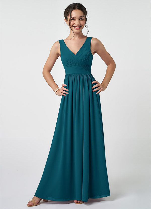 Azazie Keyla Junior Ink Blue A-Line Pleated Chiffon Dress image1