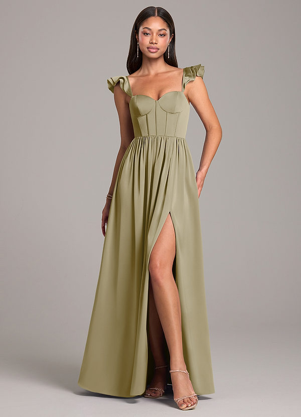 Azazie Denisse Brautjungfernkleider A-Linie Gestreift Stretch-Satin Kleid Moosgrün image1