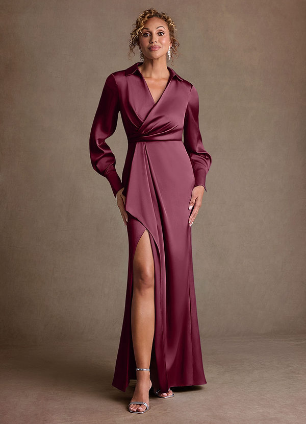 Azazie Jacinta 신부의 어머니 드레스 쉬스 주름진 스트레치 새틴 플로어 길이 드레스 image1