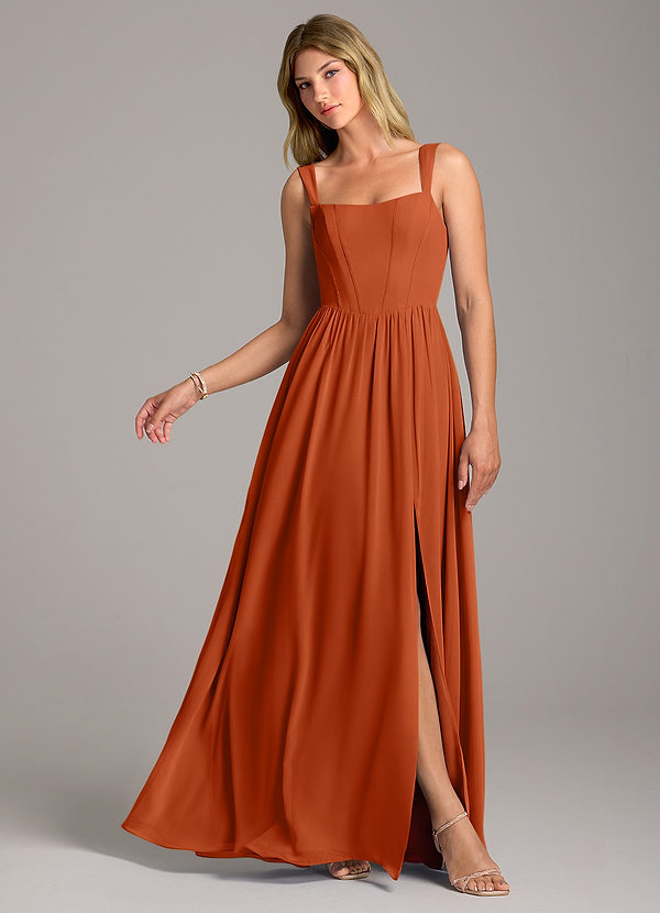Azazie Rosaline Bridesmaid Dresses Burnt Orange A-Line Side Slit Chiffon Dress image1