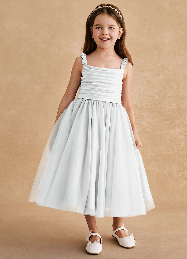 Azazie Gabbie Flower Girl Dresses Diamond White A-Line Pleated Matte Satin Dress image1